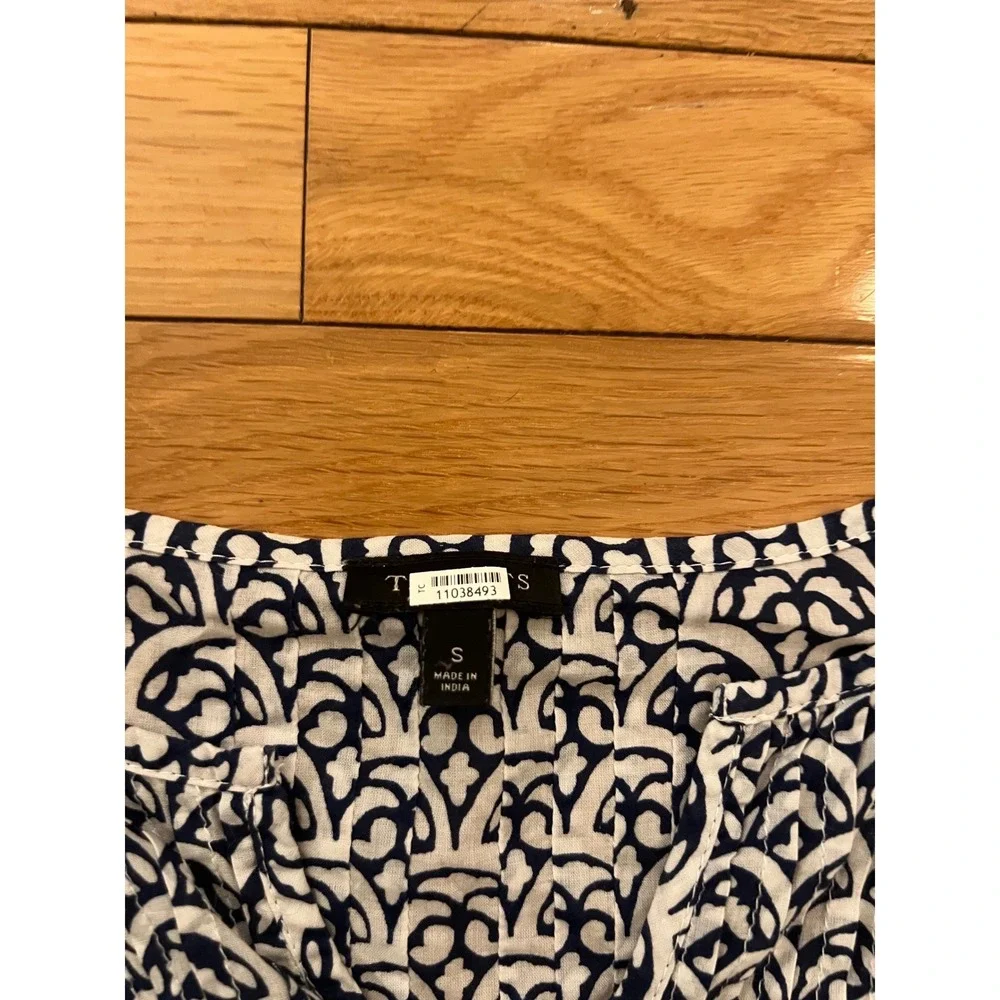Talbots Navy White Geometric Fan Print Scoop Neck‎ 3/4 Puff Sleeve Blouse Small